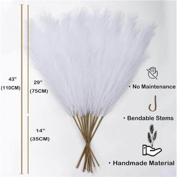 Pampas Grass Decor Tall, 43"/110cm Faux Pampas Grass 6 Stems Large Pompass Grass - Picture 2 of 7